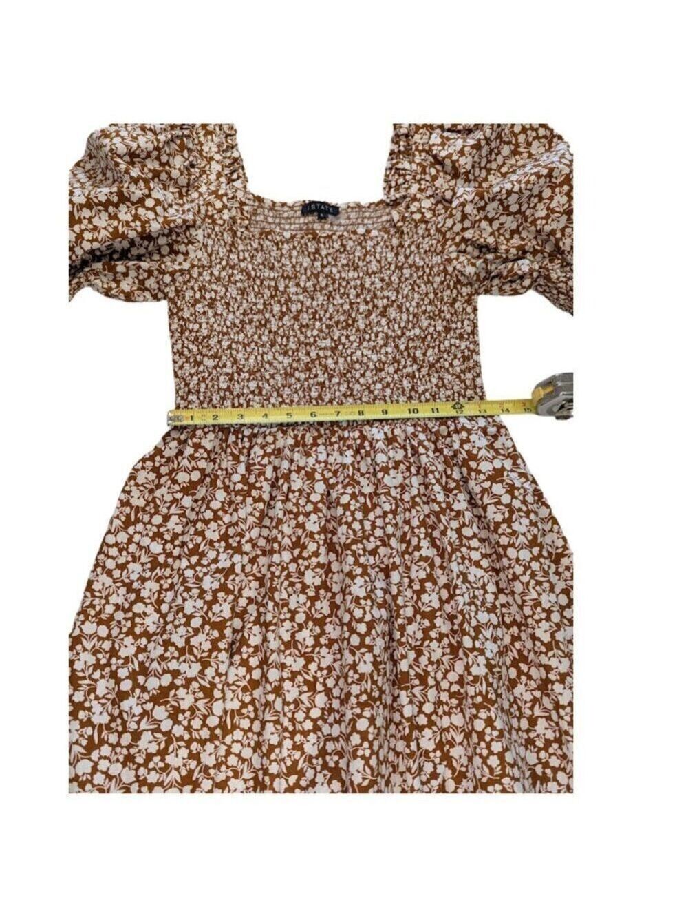 1.State Smocked Puff Sleeve Mini Dress in Brown and White Floral * Size 6 - Picture 5 of 10